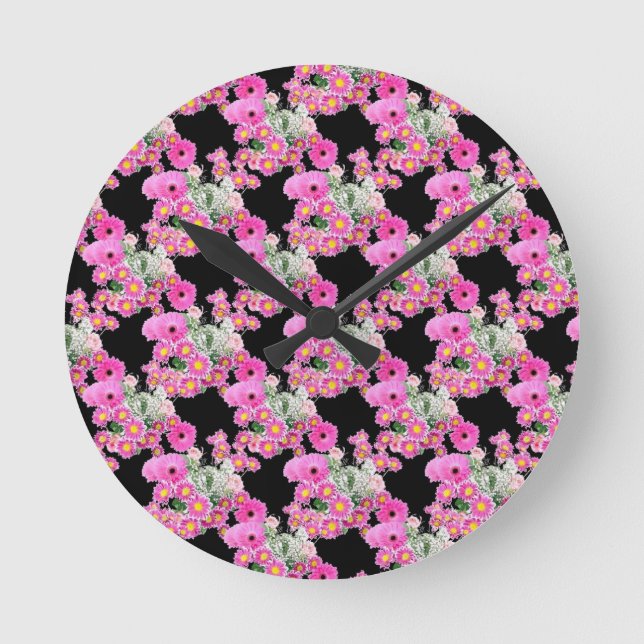 Horloge Ronde Accessoires tendance Pink à motif floral noir (Recto)