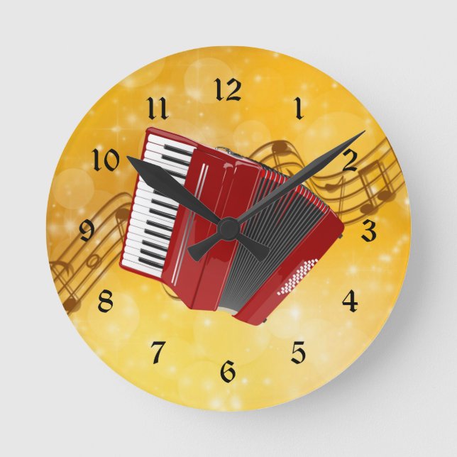 Horloge Ronde Accordéon rouge et notes musicales (Recto)