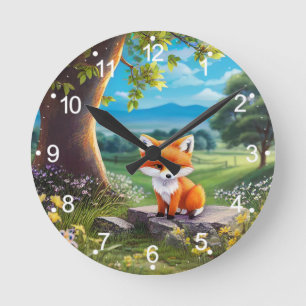 Horloge Ronde Adorable Renard assis sous l'arbre