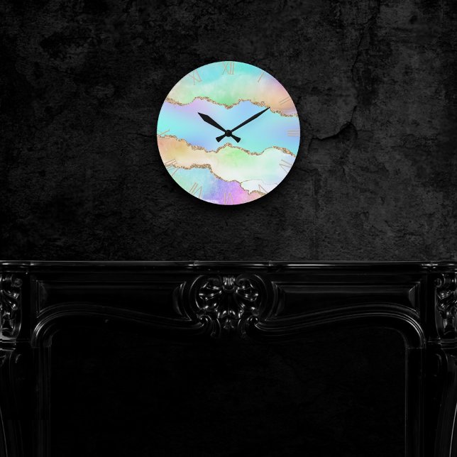 Horloge Ronde Agate Holo | Faux Iridescente Pastel Ombre Marble (Créateur téléchargé)