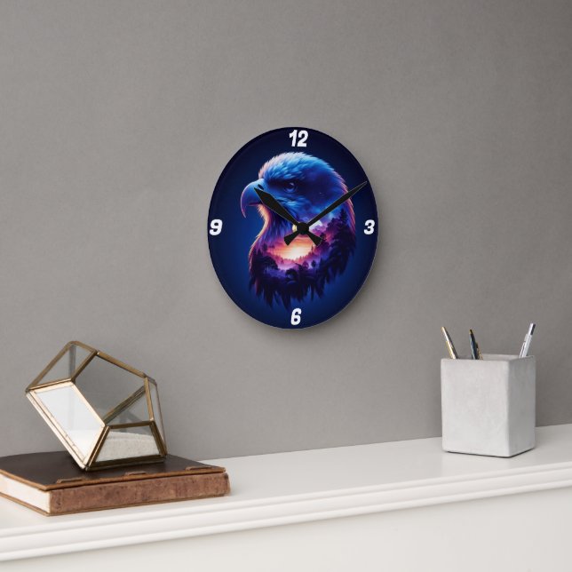 Horloge Ronde Aigle superposé avec paysage de coucher de soleil  (Bureau)