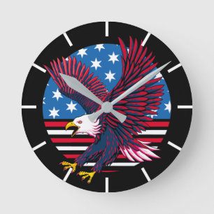 Horloge Ronde Aigle volant et drapeau américain