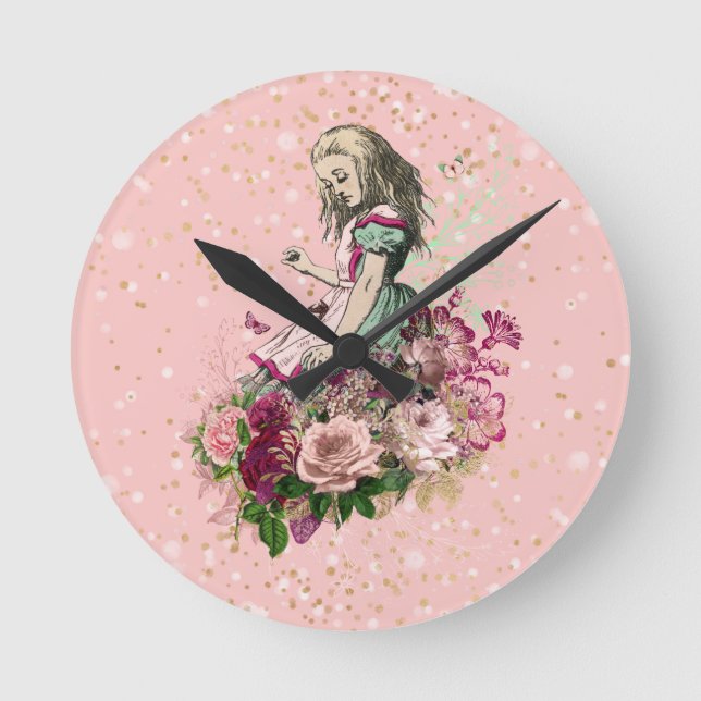 Horloge Ronde Alice à Wonderland on Pink and Gold Glitter (Recto)