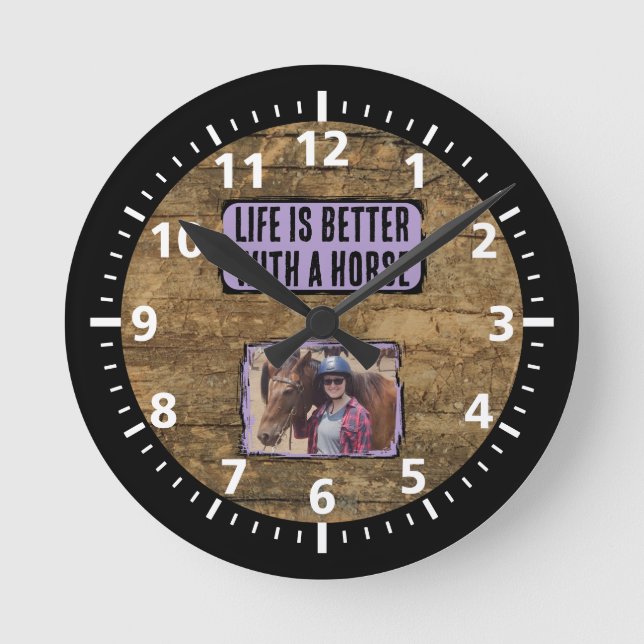 Horloge Ronde Amateur de cheval 1 photo noir violet rustique (Recto)