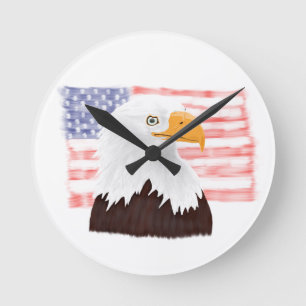 Horloge Ronde American Bald Eagle and Flag - transparent white.