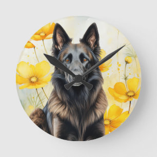 Horloge Ronde Amoureux du chien Tervuren belge et Coquelicots
