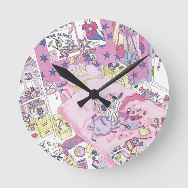 Horloge Ronde Amusante Adolescente Filles Messy Chambre Mignonne (Recto)