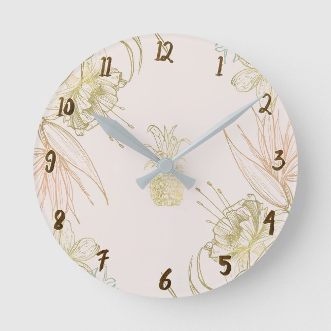 Horloge Ronde Ananas Feuille d'or tropical botanique (Recto)