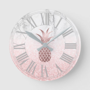 Horloge Ronde Ananas rose en or+Bouche de neige+Marbre