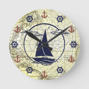 Horloge Ronde Ancienne carte marine/voilier/ancre/roue silhouett