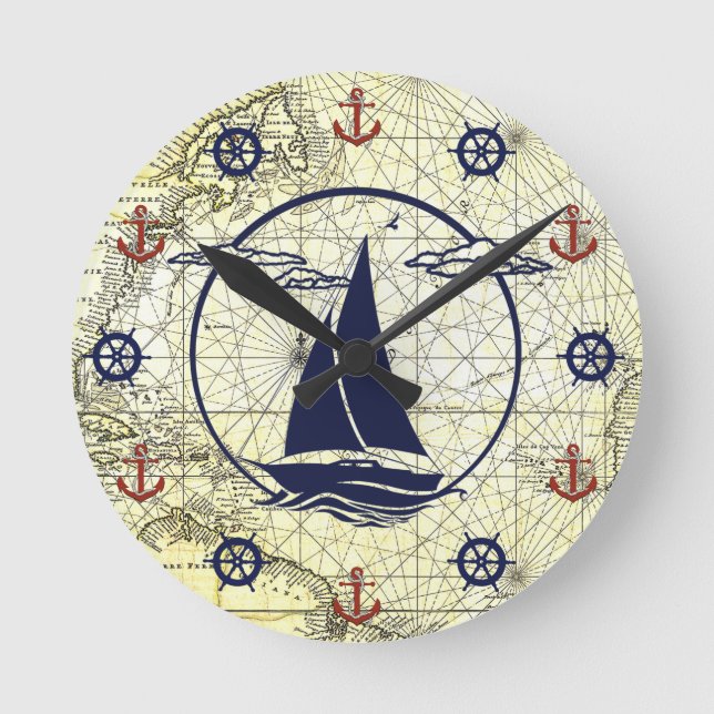 Horloge Ronde Ancienne carte marine/voilier/ancre/roue silhouett (Recto)