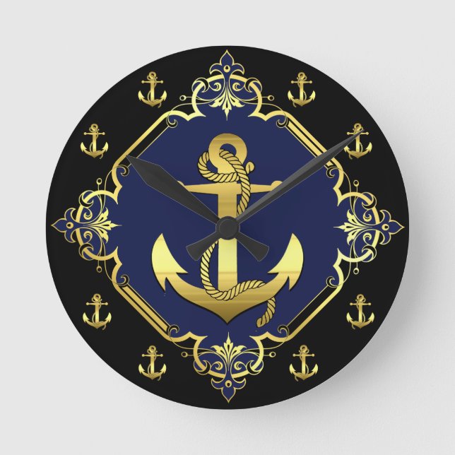 Horloge Ronde Ancrage du navire marin or/silhouette noire/marine (Recto)