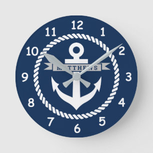 Horloge Ronde Ancrage et corde bleu marine nautique personnalisé