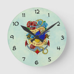 Horloge Ronde Ancre, hirondelle et roses