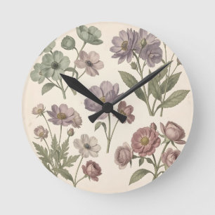 Horloge Ronde Anémones Roses Botaniques Douces Pastel Vintage