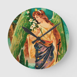 Horloge Ronde Angel tenant une branche florale