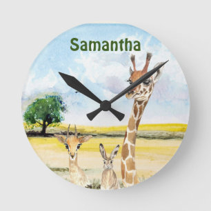 Horloge Ronde Animaux Afrique nurserie Chambre d'enfant Girafe