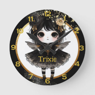 Horloge Ronde Anime Girls Kawaii Goth Chibi Décor Black Gold