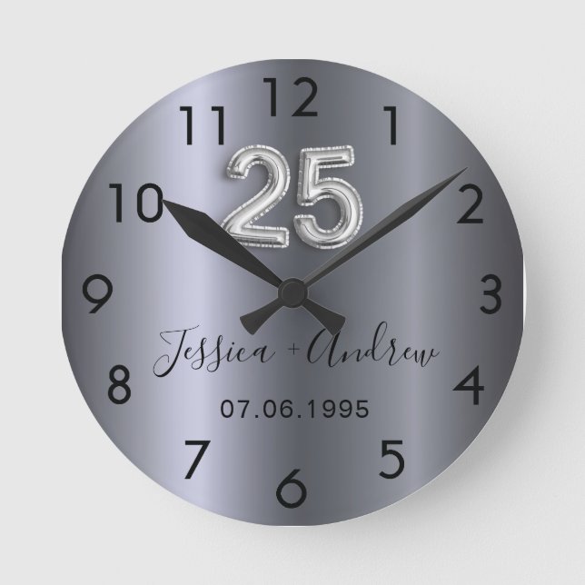 Horloge Ronde anniversaire de mariage d'argent 25 ans avec des n (Recto)