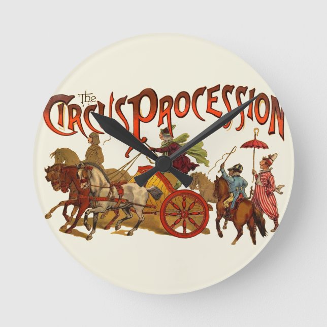 Horloge Ronde Antique Cirque Parade Clowns Chevaux (Recto)