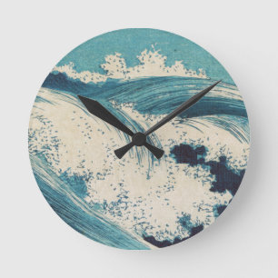 Horloge Ronde Antique Japonais Bleu Vagues Océan Imprimer