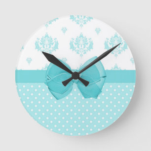 Horloge Ronde Aqua Bleu Damas Avec Ruban Turquoise