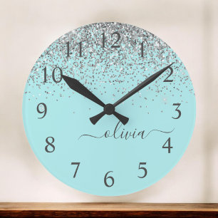 Horloge Ronde Aqua bleu Turquoise Parties scintillant argent Mon