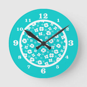 Horloge Ronde Aqua & Fleurs blanches