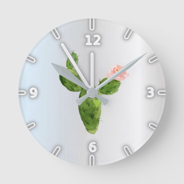 Horloge Ronde Aquarelle adorable Cactus, Argent (Recto)