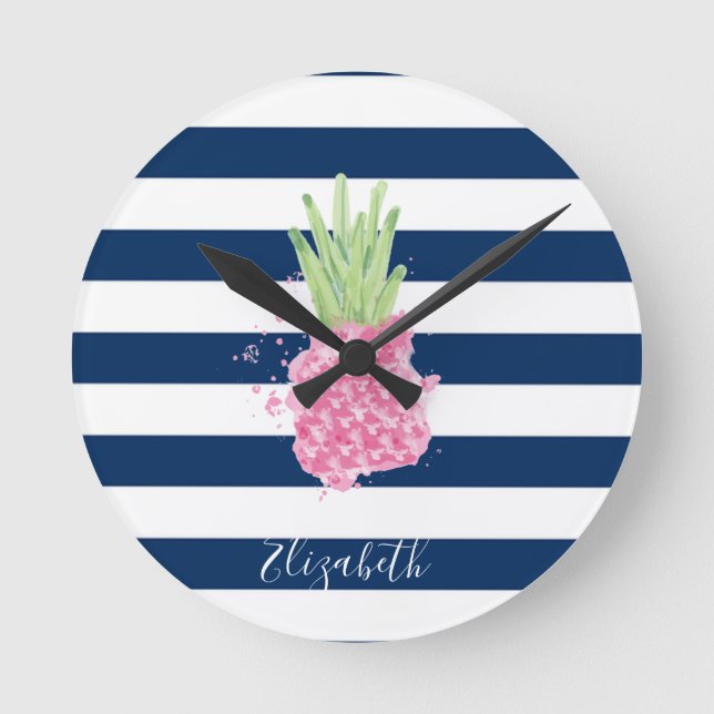 Horloge Ronde Aquarelle Ananas Tropical ,Rayé Bleu Marine  (Recto)