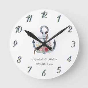 Horloge Ronde Aquarelle Ancre Fleurs Nautiques