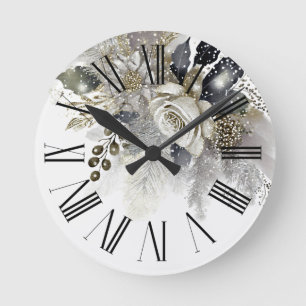 Horloge Ronde Aquarelle Argent Golden White Roses Fleurs
