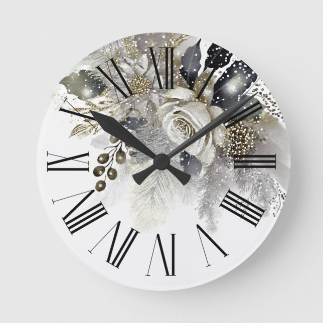 Horloge Ronde Aquarelle Argent Golden White Roses Fleurs (Recto)