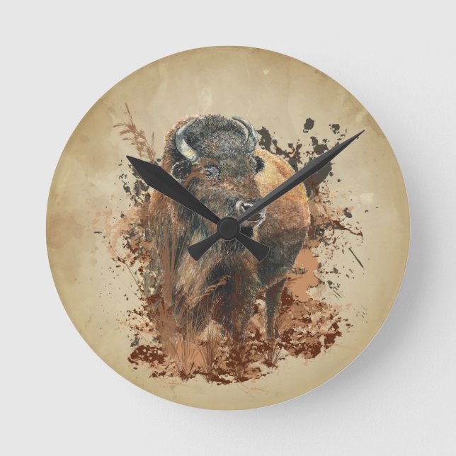 Horloge Ronde Aquarelle Bison Buffle Animaux Nature (Recto)