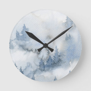 Horloge Ronde Aquarelle bleu foncé Forêt Abstraite