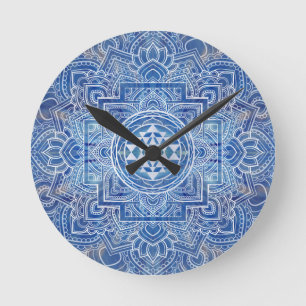 Horloge Ronde Aquarelle bleue Sri Yantra / Sri Chakra