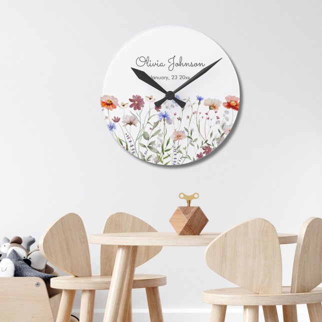 Horloge Ronde Aquarelle couleur Fleur sauvage coloré bébé gardie (In situ)