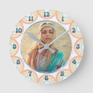 Horloge Ronde Aquarelle de Bohême Retro Rainbows Photo personnal
