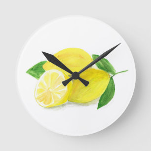 Horloge Ronde Aquarelle de Fruit de Citron jaune Citron