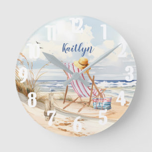 Horloge Ronde Aquarelle élégant Beach Ocean Monogramme