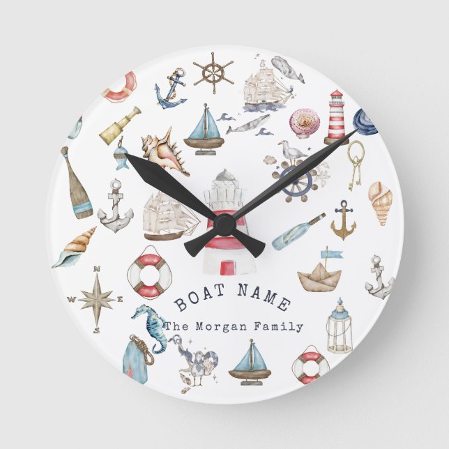 Horloge Ronde Aquarelle éléments nautiques marin (Recto)