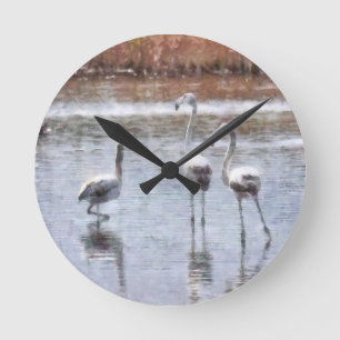 Horloge Ronde Aquarelle Flamant rose Pose