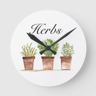 Horloge Ronde Aquarelle Herbes Thyme Rosemary persil Plante Pot