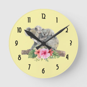 Horloge Ronde Aquarelle Koala Oears mignonne maman & bébé