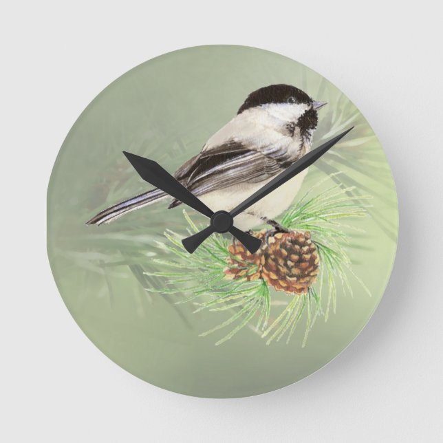 Horloge Ronde Aquarelle mignonne Oiseau de poulet dans le pin (Recto)