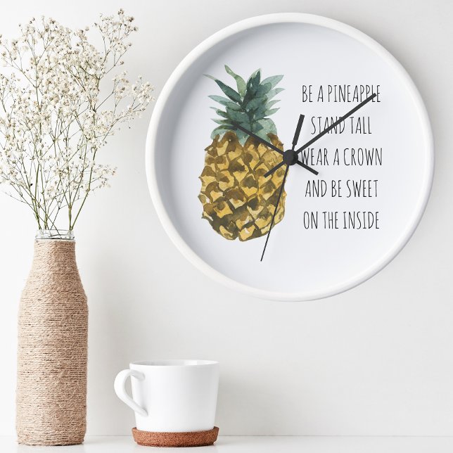 Horloge Ronde Aquarelle moderne ananas et citation amusante posi (Créateur téléchargé)