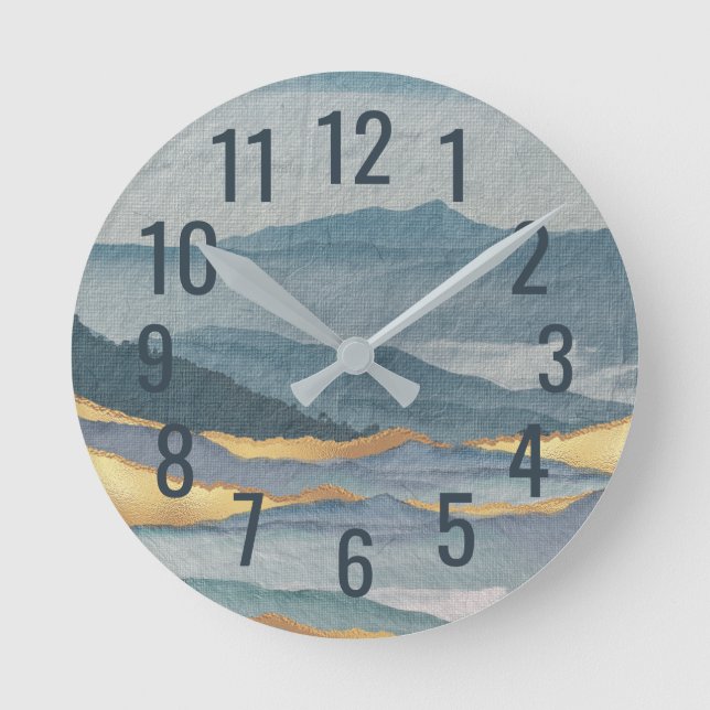 Horloge Ronde Aquarelle moderne Art Bleu et Or Vagues (Recto)