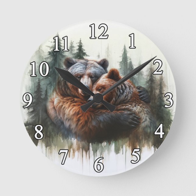Horloge Ronde Aquarelle Ours & Arbres Sauvage rustique (Recto)