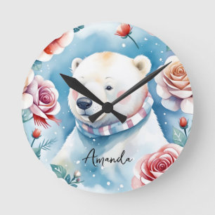 Horloge Ronde Aquarelle Ours blanc polaire et Roses rouges