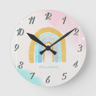 Horloge Ronde Aquarelle Parties scintillant or arc-en-ciel